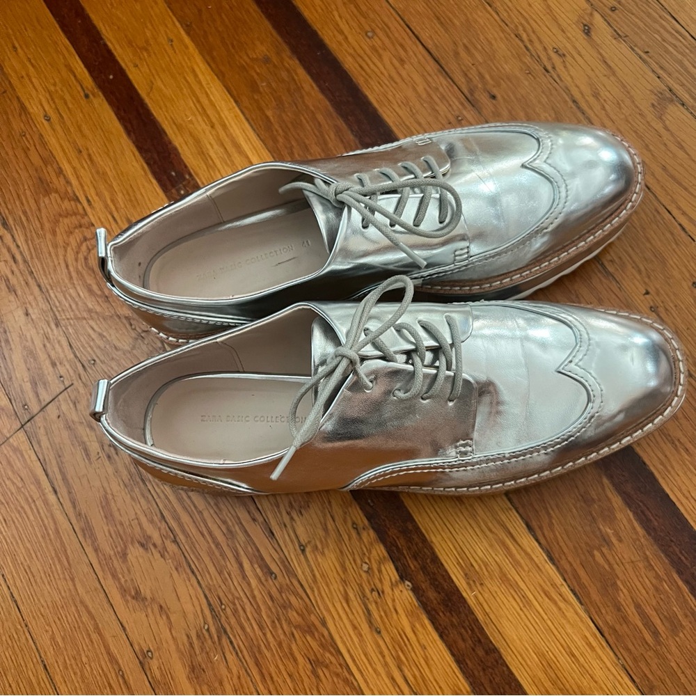 Zara silver platform oxfords metallic 41 EUC loafers Basic Collection - Picture 3 of 6